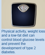Physical activity, weight loss and a low-fat diet can control blood glucose levels and prevent development of type 2 diabetes.