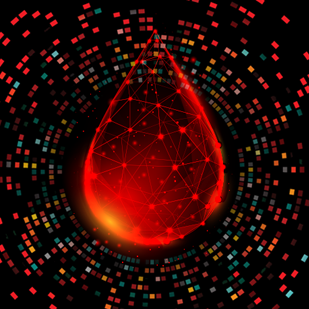 Illustration of blood drop with abstract bars of colours signifying the complexity of the components found in blood.