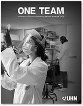 Image of the cover of UHN's 2020 annual research report, titled "One Team"