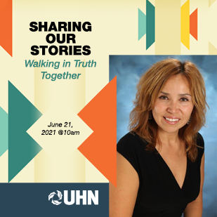 Image for webinar titled “Sharing Our Stories – Walking in Truth Together”, Led by Dr. Pamela Rose, showing her portrait and colourful geometric designs.