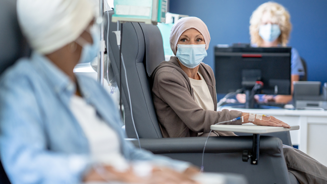 Stock image of women receiving chemotherapy, with head scarves hiding their hair