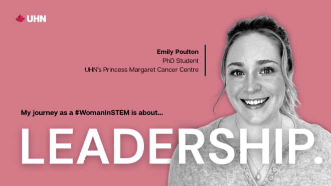 Photo of Emily with her name, titles, and the word "Leadership"