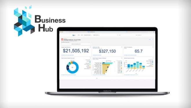 Screenshot of Business Hub tool and logo.