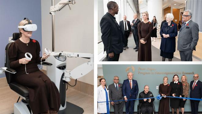 A collage of photos of Her Royal Highness, The Duchess of Edinburgh touring the Krembil Research Institute.