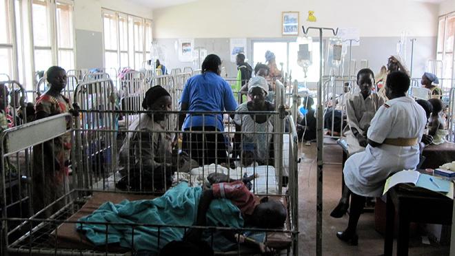 Photograph of patients waiting for treatment in a busy hospital in Jinja, Uganda.