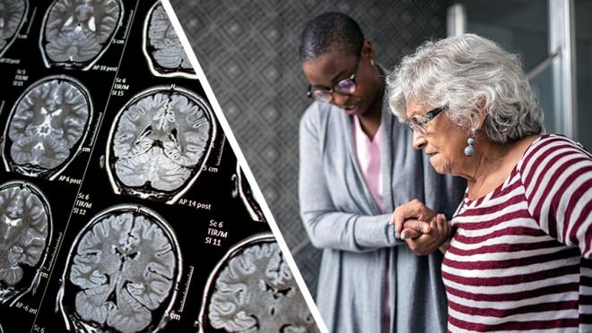 Left side of image are images of brain scans. Right side of images shows a caregiver helping someone walk.