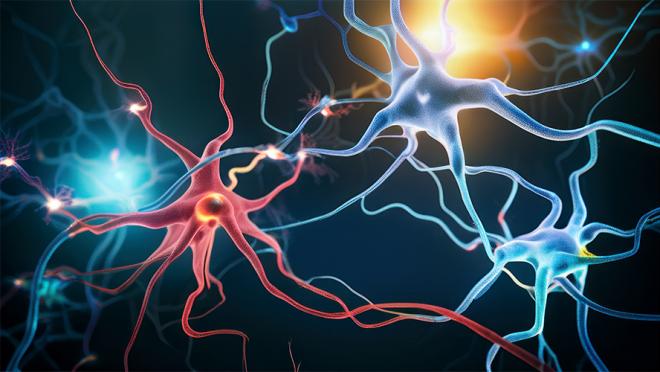 Illustration of two neurons communicating with each other in a network