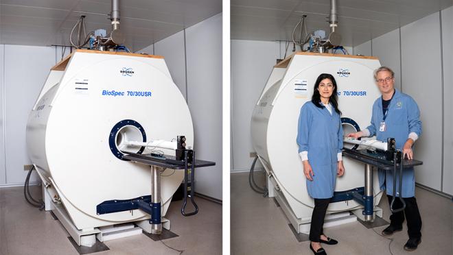 Collage of images of the BioSpec 7T MRI system. Image on the right is with Drs. Naz Choudary and Warren Foltz.