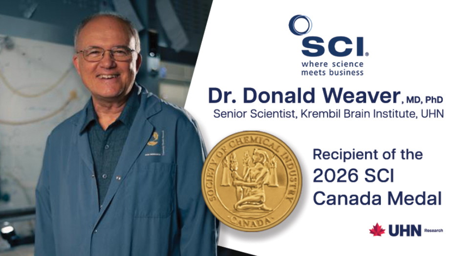 Older white man in a blue lab coat smiling, with white graphic and blue text super imposed next to him outlining who he is and the award he won