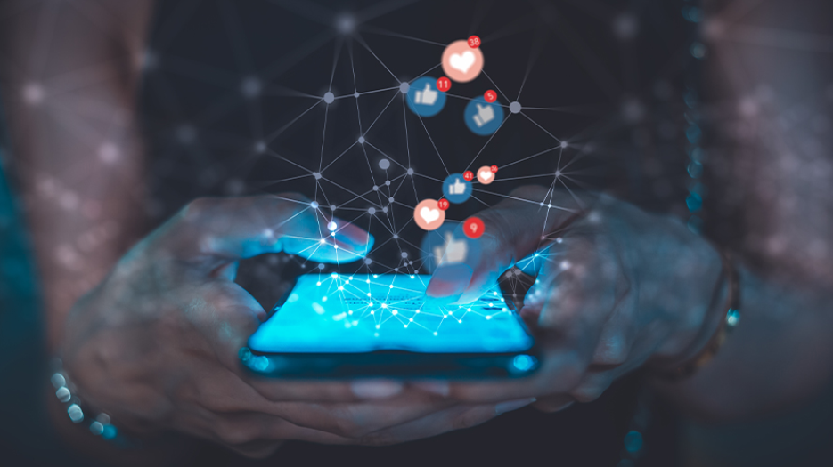 Woman's hands using smartphone, with illustrative elements indicative of apps and interactions on the phone overlayed above