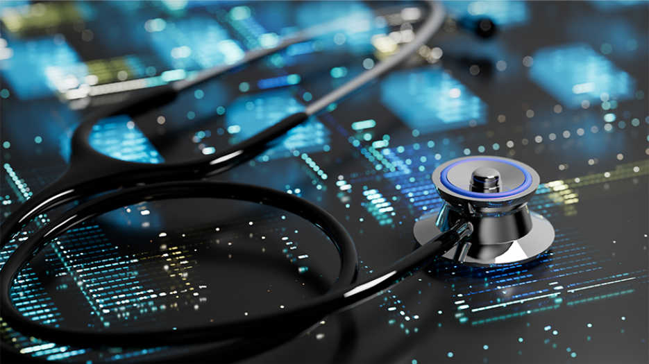 Stethoscope on top of a computer motherboard.