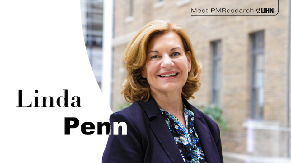 Smiling female researcher in business attire standing in an atrium with text overlay on the image.