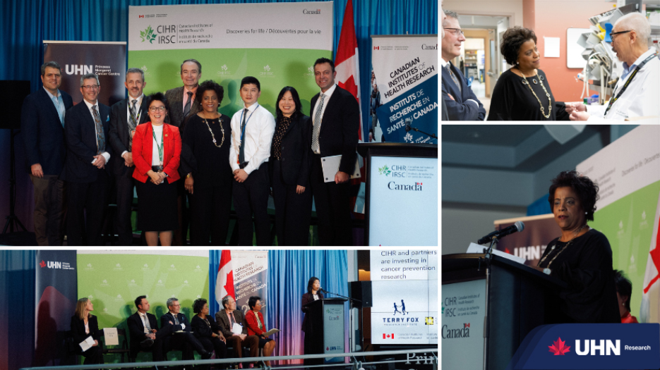 Collage of event images, including a group photo, presenters speaking at a podium, and a group discussing in a research lab.