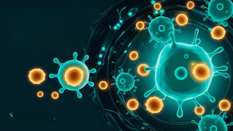 Illustrations of light activated nanoparticles emanating from the right side of the image.