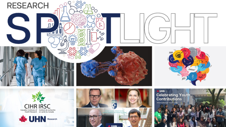 Collage of images including clinicians walking through a hospital corridor, a graphic of a cancer cell and T cell, a graphic of a brain made up of conversation bubbles, institutional logos, smiling researchers, and a group of students.