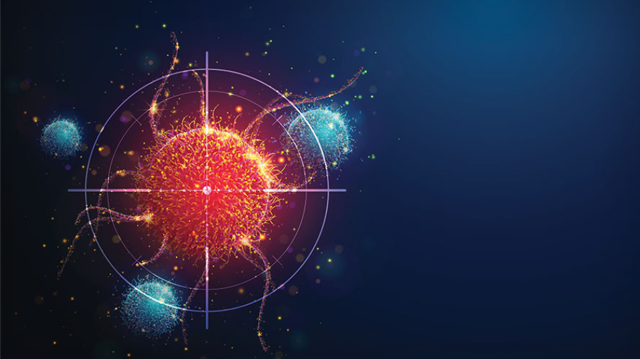 Illustration of a cancer cell being pinpointed by a target.