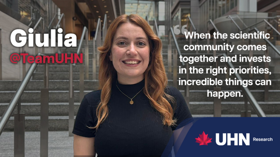 Smiling female standing in a bright atrium in front of stairs with a text quotation and institutional logos.