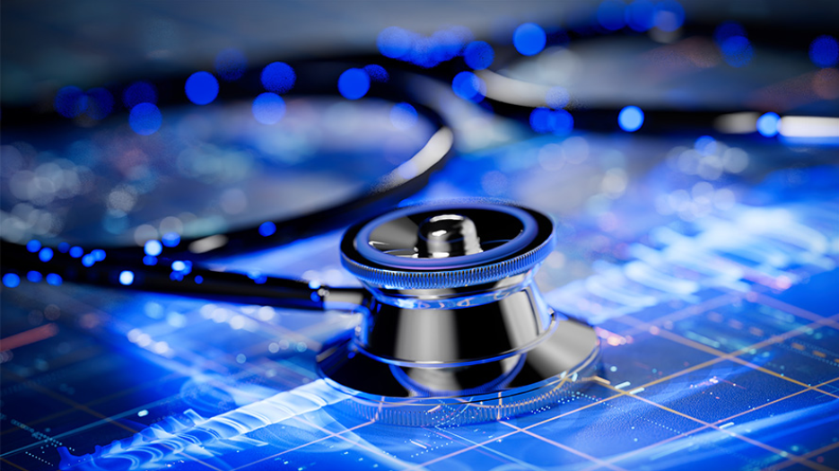 Stethoscope on digital imagery as a representation of AI and health care.