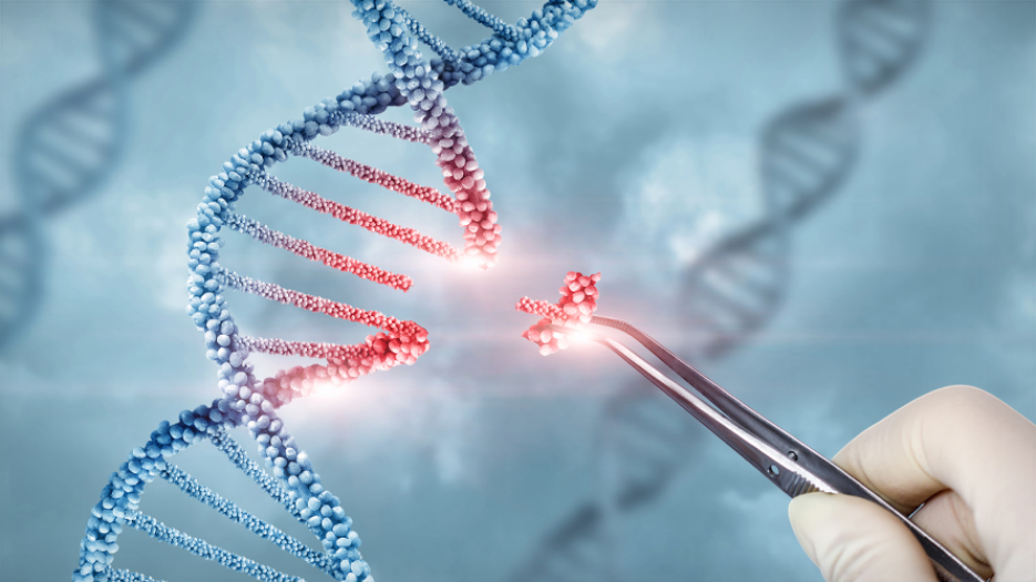 Illustration of gene editing concept depicting a scientist removing a piece of DNA with forceps.