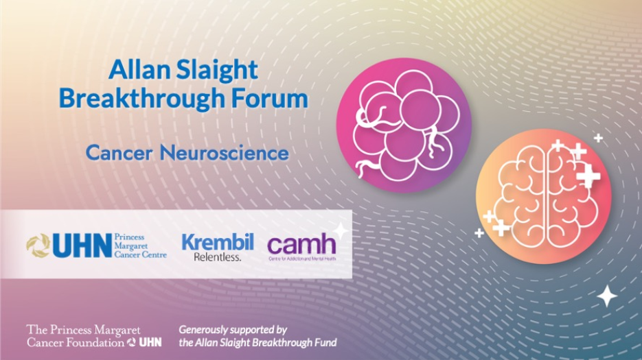 Colourful graphic of cancer cell and brain with text and logo overlay.