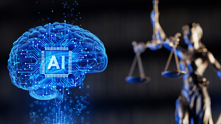 AI and brain imagery with an image of lady justice in the background