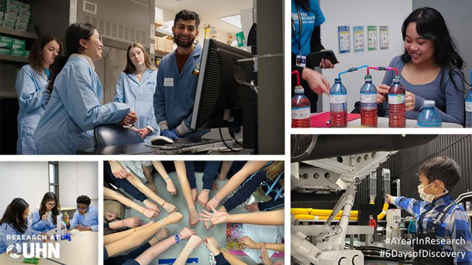(L-R, clockwise) Students taking a lab tour at McEwen Stem Cell Institute; A participant building a heart model, showing blood flow through the atrium, ventricles, and lungs; A tour of KITE labs; Students doing a coding activity using beads; Participants measuring liquids with lab materials.