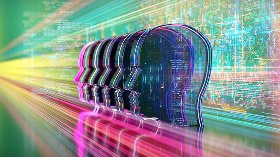 Computer background imagery with head shapes made of coding imagery to depict an AI agent framework