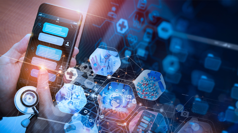 A hand holding a smartphone displaying chat messages, overlaid with digital healthcare icons and graphics.