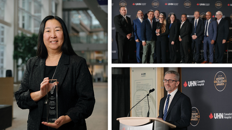 Collage of images: the first image is a solo shot of a female dressed in black business casual, holding a clear award; the second is a group of individuals in business casual accepting the award on stage; the third is a male, wearing a suit and tie, standing at a podium