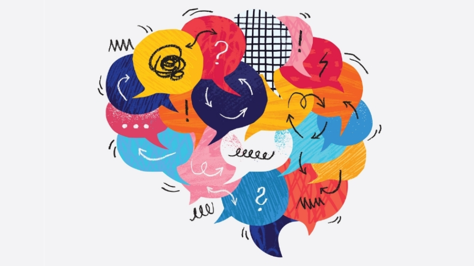 Multi-colour illustration of a brain made up of various speech bubbles