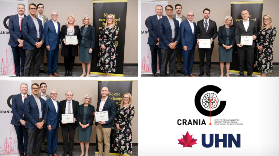 Collage of group images including Innovation Award winners, UHN President and CEO, CRANIA co-directors, Dean Conner and Maris Uffelmann, and UHN Foundation CEO.