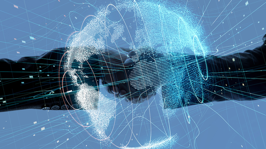 Close up of two people shaking hands in the background of a digitized globe with lines extending from the edges.