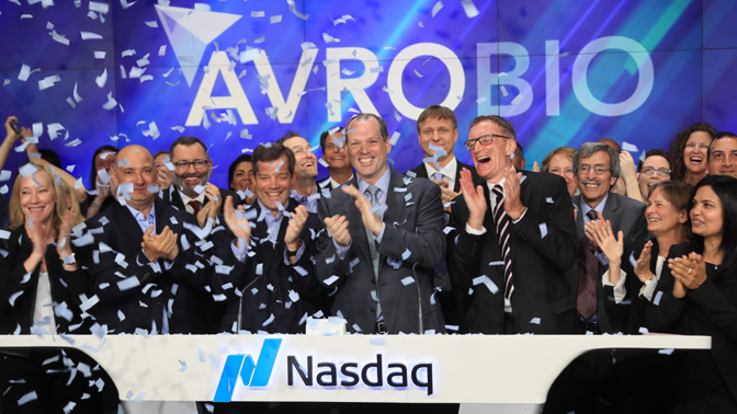 On July 9, 2018, AVROBIO President and CEO Geoff MacKay (centre) led a team of AVROBIO's employees, investors, board members and partners, including Mark Taylor and Dr. Christopher Paige from UHN, in the closing bell ceremony in celebration of the public 