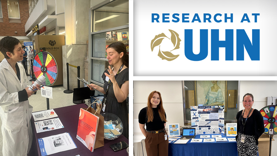 Collage of researchers standing at an information booth.