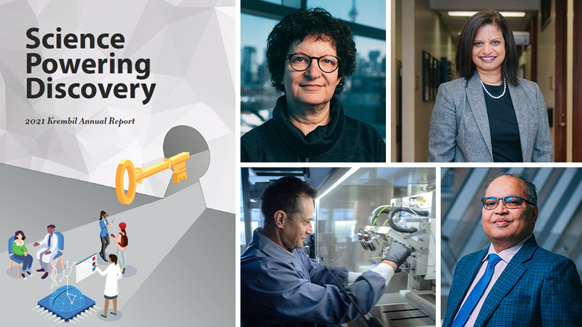 The 2021 report features recent discoveries from Krembil's three research institutes: the Krembil Brain Institute, the Donald K. Johnson Eye Institute and the Schroeder Arthritis Institute. (Top left, clockwise) Drs. Karen Davis, Sindhu Johnson, Lakshmi K