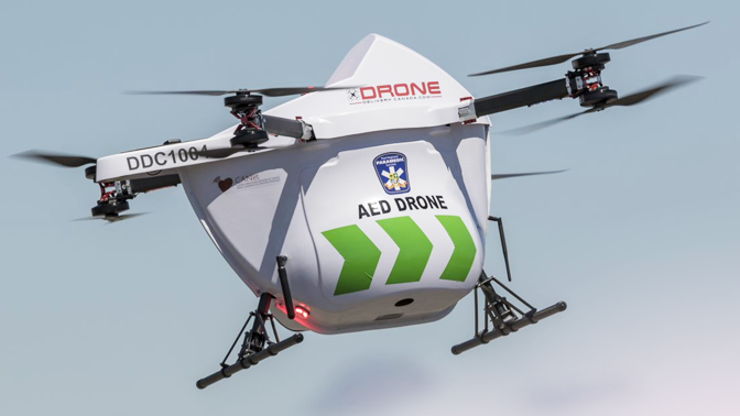 Drones could deliver life-saving automatic emergency defibrillators to the scene of a heart attack, beating an ambulance to the scene by several minutes on average. Image courtesy Drone Delivery Canada.