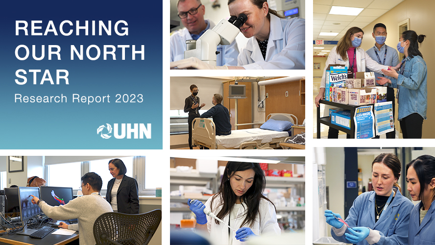 The 2023 report features discoveries and achievements from across UHN's research institutes and foundations: (pictured clockwise) Drs. Michael LaFlamme and Stephanie Protze (Senior Scientist and Scientist, McEwen Stem Cell Institute), staff from project U