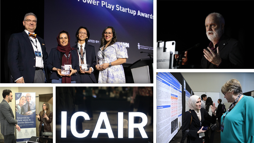 Collage of event photos from the ICAIR conference. A range of images of researchers giving a presentation, discussing in front of a research poster, and researchers holding a trophy.