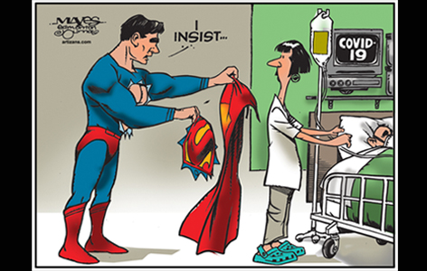 The HERO trial at UHN will determine if an antimalarial drug can protect frontline workers when administered as Pre-exposure prophylaxis. (Image Credit: Cartoon by Malcolm Mayes, Edmonton Journal, artizans.com)