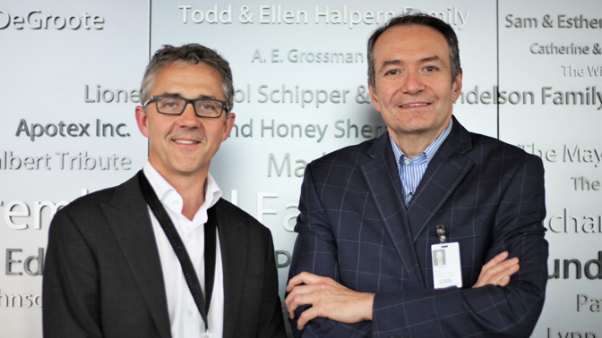 (R-L) Drs. Kevin Smith and Brad Wouters on the second day of the tour in the lobby of the Krembil Discovery Tower.