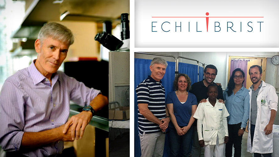 From the busy streets of Toronto to the rural villages of Mozambique, the field is the laboratory for UHN's Dr. Kevin Kain. Pictured: Dr. Kain in his lab (left) and with members of an international research team at a hospital in Mozambique (right).