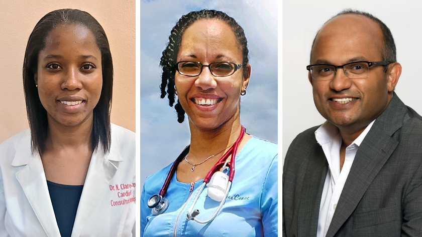 (L-R) Drs. Nordia Clare-Pascoe and Kurlene Cenac, graduates of UHN's Electrophysiology Fellowship Program and cardiac electrophysiologists practicing in Jamaica and Saint Lucia, respectively; Dr. Kumaraswamy Nanthakumar, Senior Scientist at the Toronto Ge