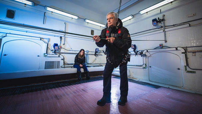 In the WinterLab simulator, researchers can manipulate temperature and ice coverage to test the slip-resistance of footwear and the effectiveness of wheelchair tires in winter weather. Photo credit: KITE.