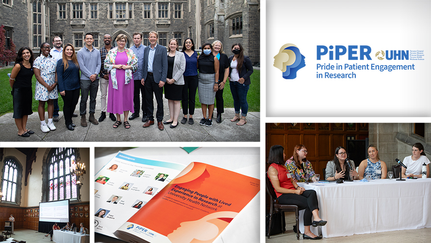 Images from UHN's inaugural PiPER Research Day. (L-R, clockwise) The PiPER team members and volunteers, panelists, materials on engaging people with lived experience in research and an oral presentation from the Research Day.