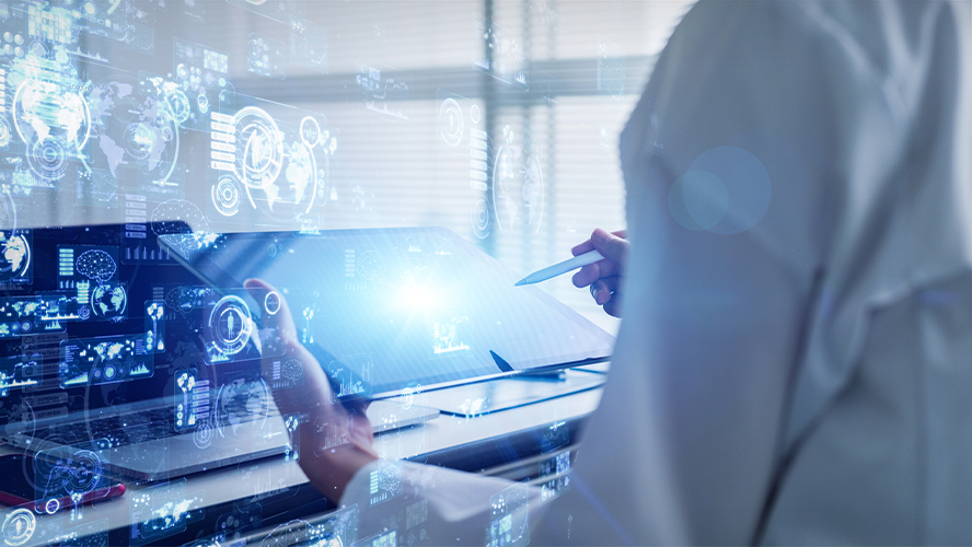 Person holding a tablet with digital imagery around them.