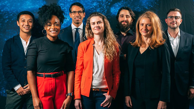 Presenters at the inaugural Science in the 6ix' event (L to R): Jimmy Qiu (TECHNA), Dr. Nicole Woods (The Institute for Education Research), Dr. Taufik Valiante (Krembil Research Institute), Dr. Stephanie Protze (McEwen Stem Cell Institute), Dr. Bastien M