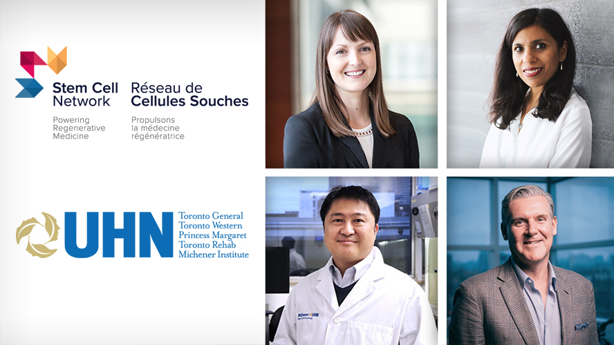 The Stem Cell Network will provide funding for four UHN projects, led by (top left, clockwise) Drs. Kristin Hope, Sowmya Viswanathan, Michael Fehlings and Shinichiro Ogawa.