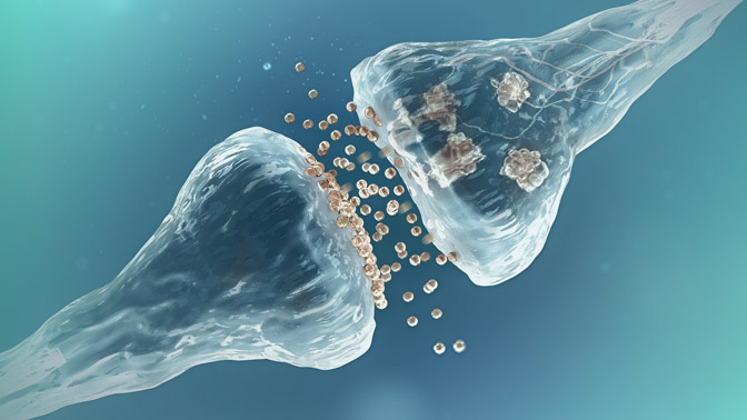 Electric nerve impulses are passed from neurons to other cells through the release of neurotransmitters across a narrow gap between the cells called a synapse (pictured).