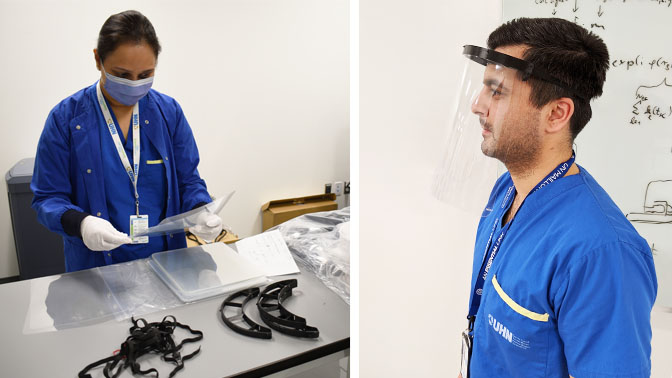 Saba Ansari, Anesthesia Research Coordinator (left) demonstrating the face shield assembly process and Vahid Anwari, PPE Production Manager (right) wearing a completed face shield.