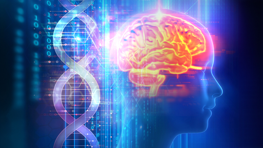 Graphic of human brain and digital DNA icons overlay.